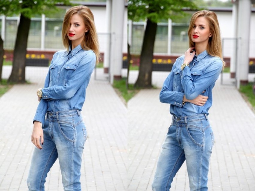 Total jeans look przełamany klasycznym trenczem