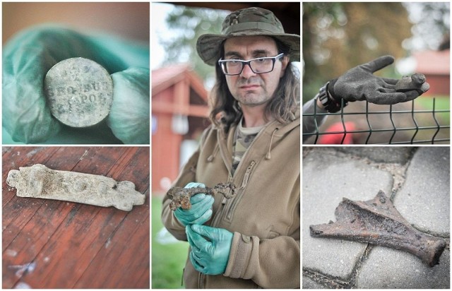 Odkrycia archeologów na podzamczu Zamku krzyżackiego w Świeciu. Na zdjęciu ceramika, pozostałości zwierzęce, moneta, a archeolog Robert Grochowski prezentuje "klucz do zamku w Świeciu"