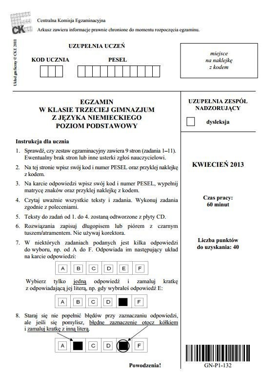 Egzamin gimnazjalny 2013. Język niemiecki [ARKUSZE, TESTY, PYTANIA, ODPOWIEDZI]