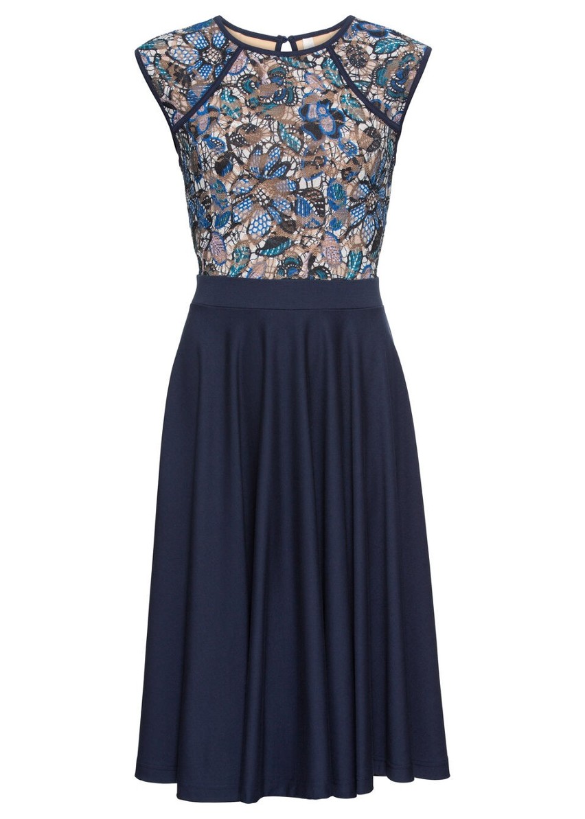 Sukienka koronkowa midi z koronkową wstawką bonprix ciemnoniebieski w kwiaty