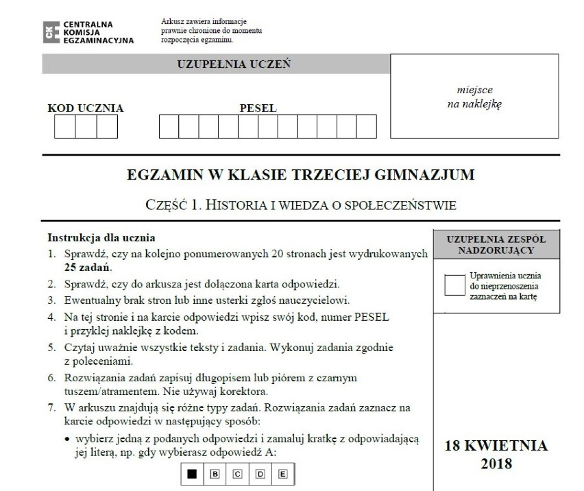 Egzamin Gimnazjalny 2018: historia, WOS. Arkusze CKE i odpowiedzi. Egzamin gimnazjalny część humanistyczna 