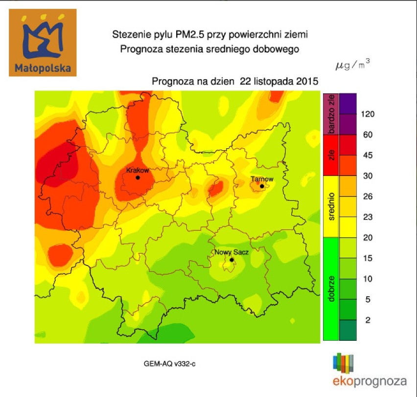 Prognoza na 22 listopada (PM 2,5)
