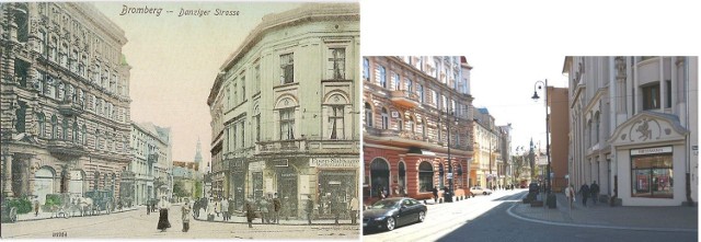Ul. Gdańska ok. 1908 roku, po prawej nieistniejacy budynek, teraz jest tam były gmach Domu Towarowego "Jedynak"