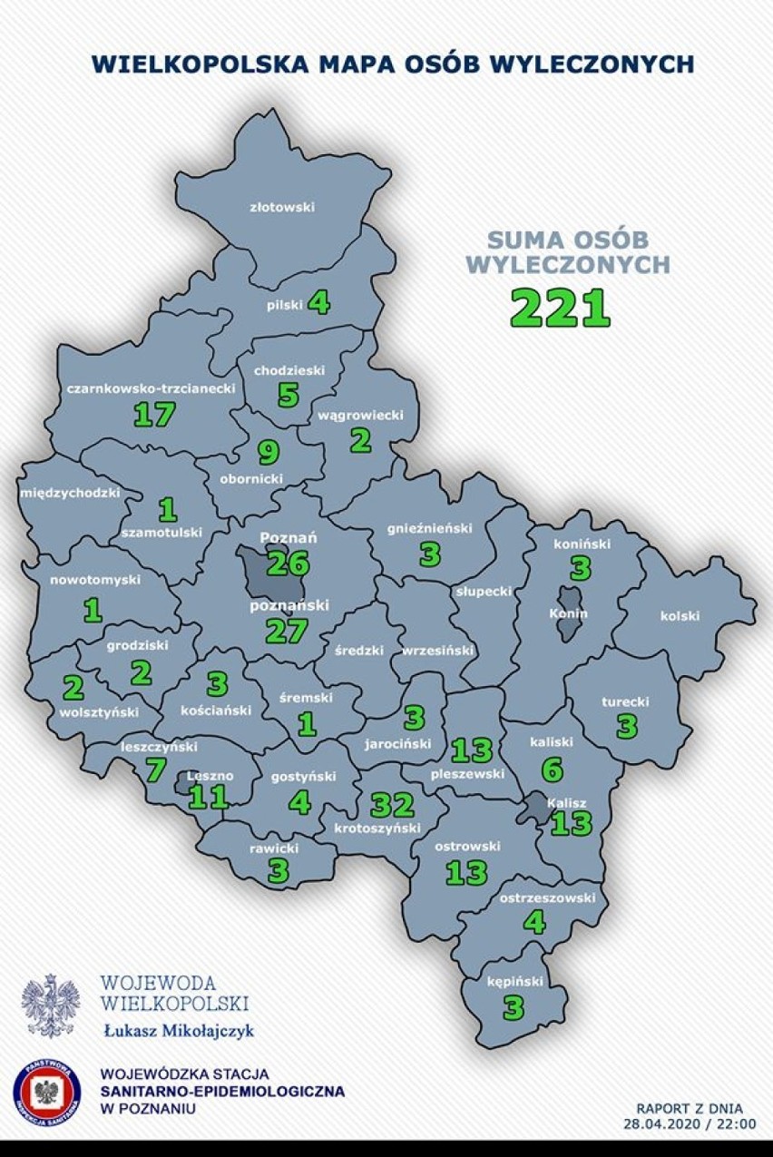 Wielkopolska mapa osób wyleczonych - stan na wtorek 28 kwietnia godz. 21.30