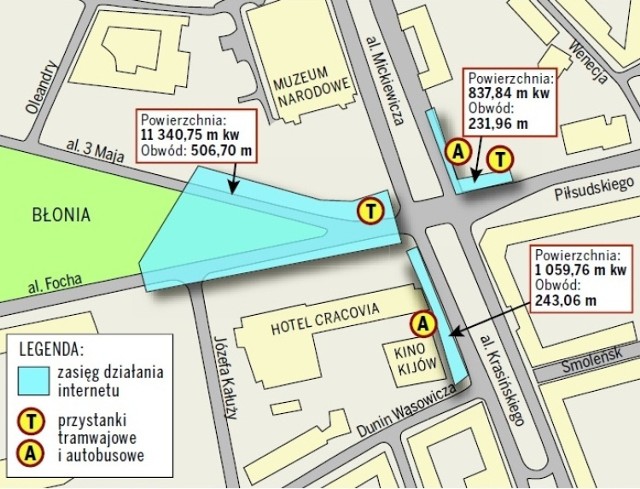 Jedna z 26 lokalizacji, gdzie ma pojawić się dostęp do darmowego internetu. Będzie można z niego korzystać np. stojąc na przystanku w oczekiwaniu na tramwaj lub spacerując po  Błoniach