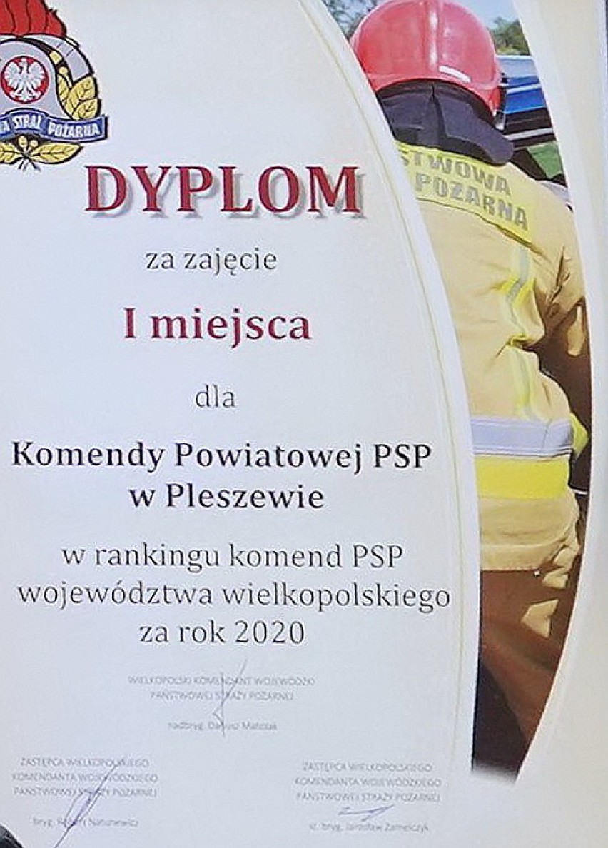 Komenda Powiatowa PSP w Pleszewie zajęła pierwsze miejsce w rankingu komend PSP województwa wielkopolskiego w 2020 roku