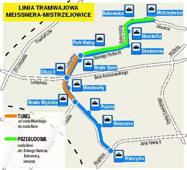 Przebieg linii tramwajowej do Mistrzejowic według konsultowanej w grudniu 2014 roku koncepcji