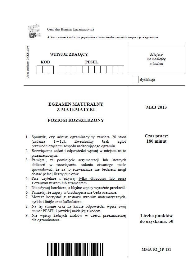 Matura 2013. Matematyka poziom rozszerzony [ARKUSZE, ODPOWIEDZI]