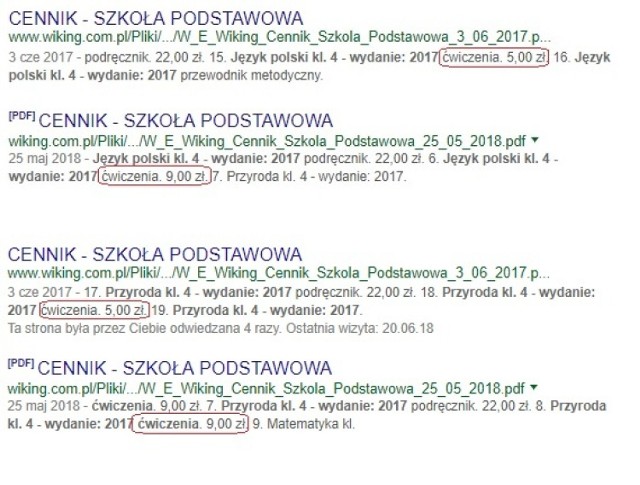 Dzięki wynikom wyszukiwarki Google można porównać ceny katalogowe wydawnictwa Wiking z Wrocławia z 2017 i 2018 r. Ceny ćwiczeń wzrosły prawie o połowę, ceny podręczników (których na nowy rok szkolny kupować nie trzeba) pozostały na ubiegłorocznym poziomie.