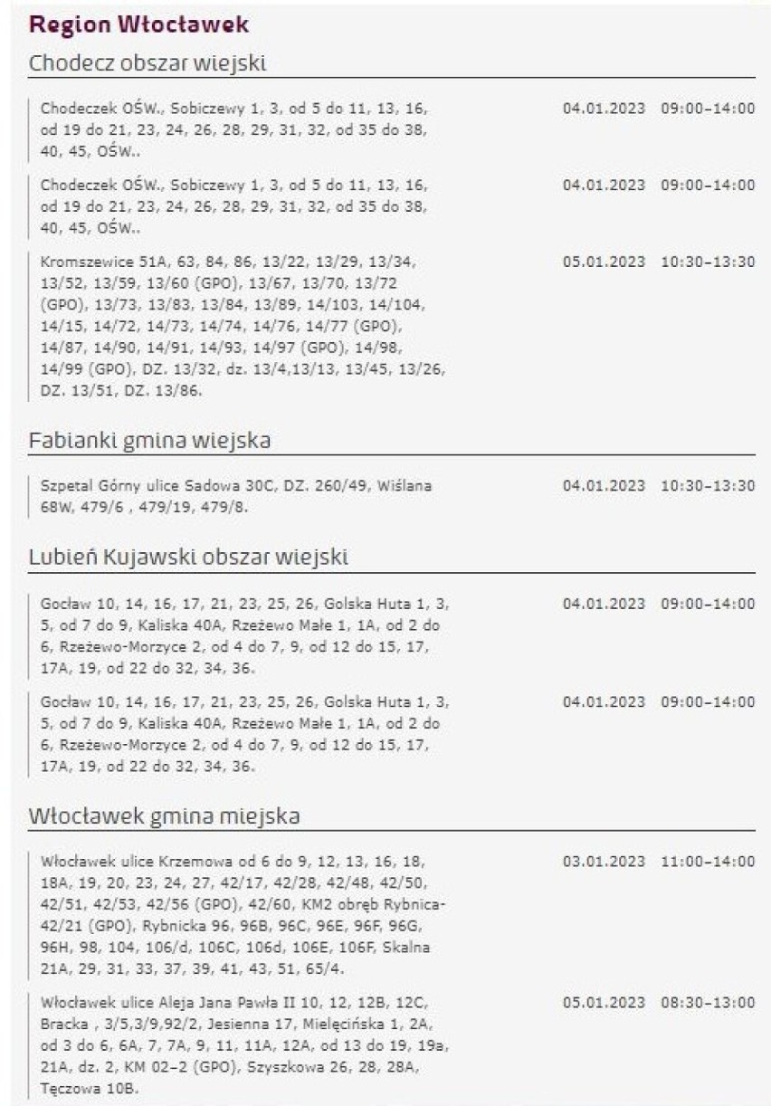 Tu nie będzie prądu w Kujawsko-Pomorskiem [miasta, gminy - 5.01.2023]