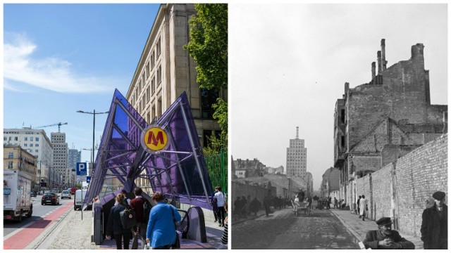 To zdjęcie najlepiej oddaje zmiany jakie zaszły w Warszawie. Nasz fotograf wybrał się na skrzyżowanie ulicy Świętokrzyskiej z Traktem Królewskim. Po prawej widzimy miasto zniszczone bombardowaniem (rok 1939) i pozostałości przedwojennej Warszawy. Po lewej nowoczesne miasto z metrem, trasami rowerowymi oraz odbudowanymi budynkami. To co łączy te zdjęcia to gmach Prudentialu/Hotelu Warszawa.
