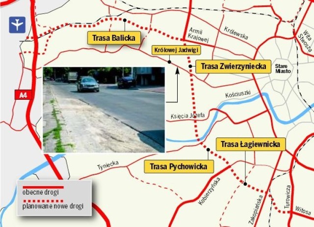 Ulica Królowej Jadwigi zbiera większość ruchu z centrum miasta w kierunku lotniska w Balicach