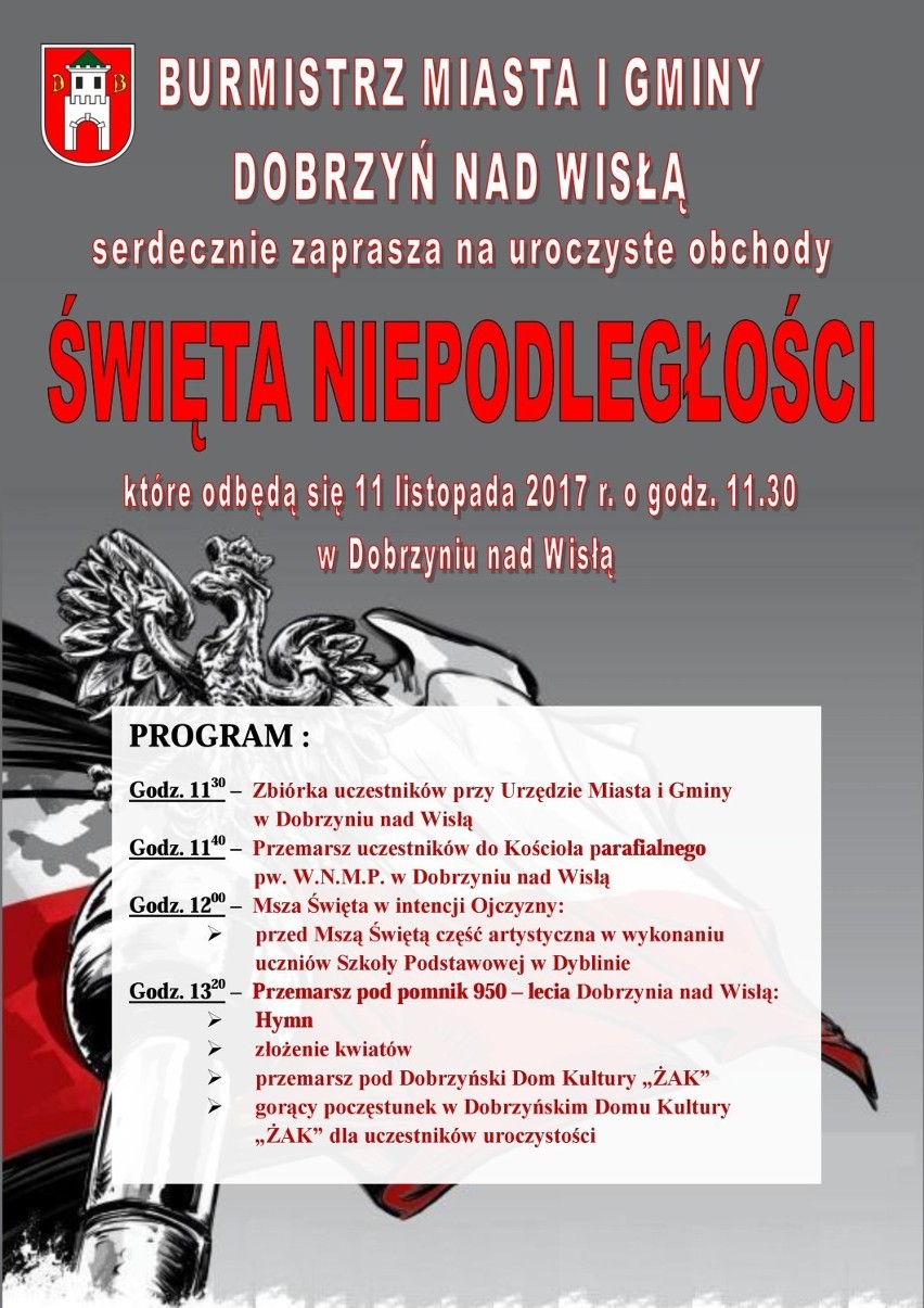 Dobrzyń nad Wisłą - Święto Niepodległości 2017. Program obchodów