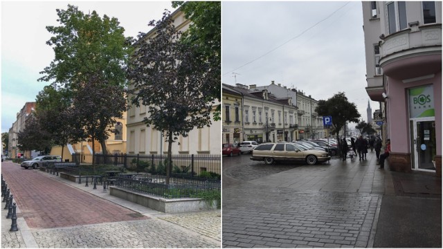 Z lewej woonerf, który powstał w Łodzi na ul. Piramowicza. Czy coś podobnego powstanie na rogu ul. Krakowskiej i Nowy Świat?