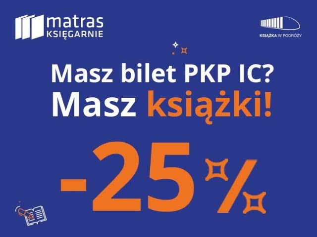 Od 14 września tego roku pasażerowie PKP Intercity w ramach akcji „Książka w podróży" mogą korzystać ze specjalnego rabatu -25% w niemal 180 księgarniach Matras w całej Polsce.