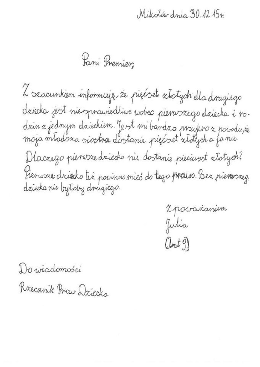 9- latka z Mikołowa napisała list do Beaty Szydło. Pyta w...