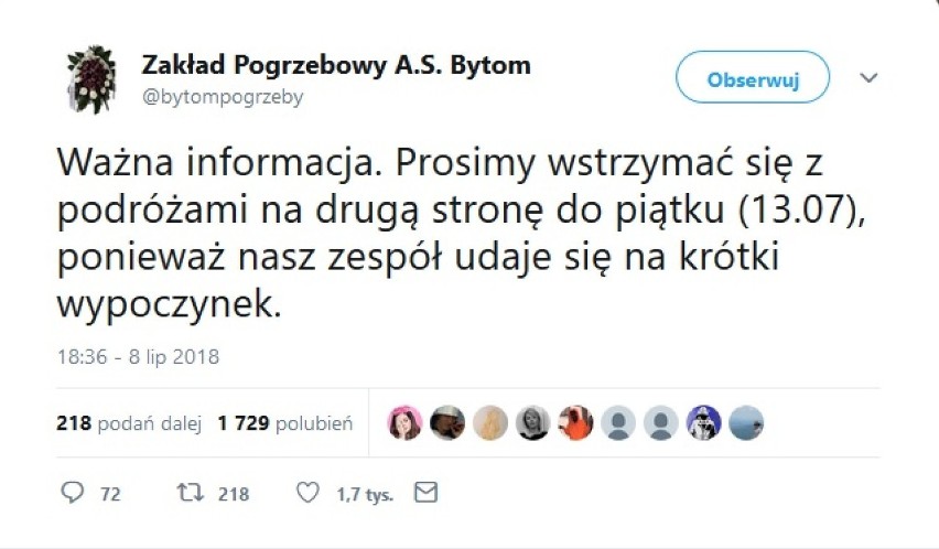 Żarty zakładu pogrzebowego robią furorę na Twitterze. To spora dawka czarnego humoru 