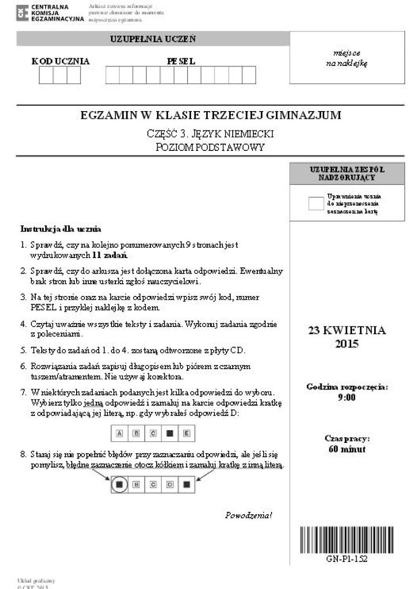 Egzamin gimnazjalny 2015 z CKE. Język niemiecki podstawowy...