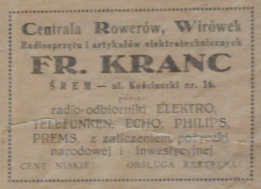 Stare reklamy prasowe z piśmie ze Śremu z 1936 roku