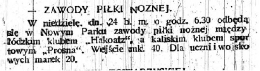 Zapowiedź meczu Prosna Kalisz - Hakoah Łódź na 24 lipca 1921