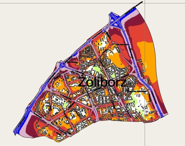 Mapa przedstawia długookresowy średni poziom dźwięku mierzonego w decybelach. Pomiarów dokonywano niemal przez całą dobę, aby wiarygodnie oddać rozkład hałasu w dzielnicy. Pomiaru dokonano na polecenie warszawskiego ratusza. Poniżej przedstawiamy oznaczenia kolorów:

Kolor pomarańczowy: 55-60 decybeli
Kolor ciemnopomarańczowy: 60-65 decybeli
Kolor fielotowy: 65-70 decybeli
Kolor jasnofioletowy: 70-75 decybeli
Kolor niebieski: powyżej 75 decybeli

Warto dodać, że przy poziomie hałasu na poziomie 70 decybeli w organizmie mogą pojawiać się niekorzystne zmiany wegetatywne, zaś powyżej 75 decybeli możemy przechodzić rozmaite uszkodzenia organiczne i choroby, w tym m.in. nadciśnienie tętnicze czy wrzody żołądka.