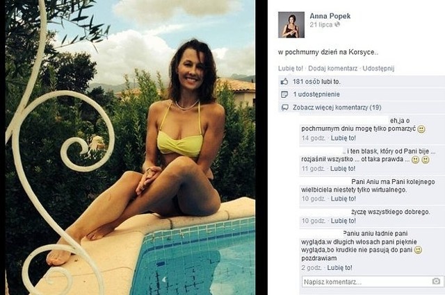 CZYTAJ TAKŻE:ANNA POPEK ZACHĘCA PANIE, BY DBAŁY O SIEBIE!ANNA POPEK: DOBRE MAŁŻEŃSTWO TO SKARBAnna Popek tegoroczny urlop spędza na Korsyce. 46-letnia prezenterka pochwaliła się na Facebooku zdjęciami z wakacji. Anna Popek pozuje na nich w bikini! Jak Wam się podoba?(fot. screen z Facebook.com)