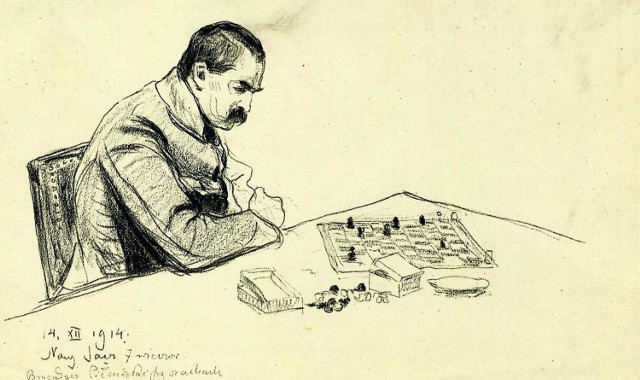 ózef Piłsudski gra w szachy w Nowym Sączu, 14.12.1914 r. Rysunek Leopolda Gottlieba. Okolicznościowa pocztówka
