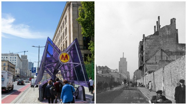 Przypominamy jednak z najbardziej popularnych materiałów z poprzednich lat.  

To zdjęcie najlepiej oddaje zmiany jakie zaszły w Warszawie. Nasz fotograf wybrał się na skrzyżowanie ulicy Świętokrzyskiej z Traktem Królewskim. Po prawej widzimy miasto zniszczone bombardowaniem (rok 1939) i pozostałości przedwojennej Warszawy. Po lewej nowoczesne miasto z metrem, trasami rowerowymi oraz odbudowanymi budynkami. To co łączy te zdjęcia to gmach Prudentialu/Hotelu Warszawa.