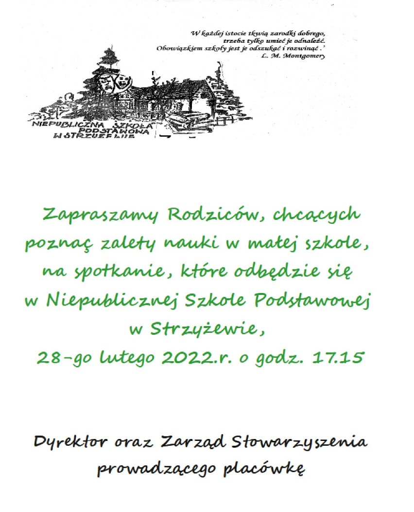 Niepubliczna Szkoła Podstawowa Strzyżewo gmina Zbąszyń, ZAPRASZA. Chcesz poznać zalety nauki w małej szkole przyjdź na spotkanie