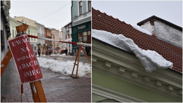 Na wielu chodnikach w Tarnowie ustawione są zagrodzenia i wiszą kartki informujące o zagrożeniu nawisami śnieżnymi i spadającymi soplami