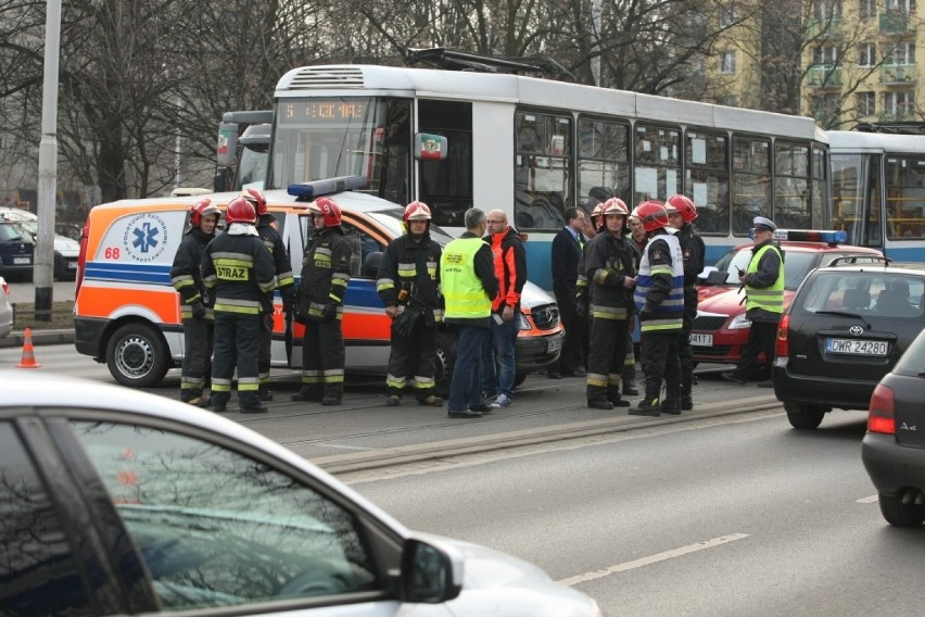 Wrocław, zderzenie tramwaju i karetki pogotowia na ul....