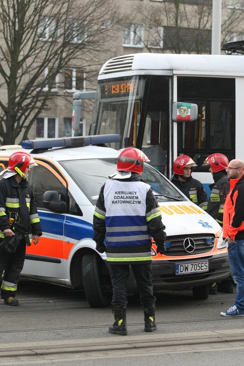 Wrocław, zderzenie tramwaju i karetki pogotowia na ul....