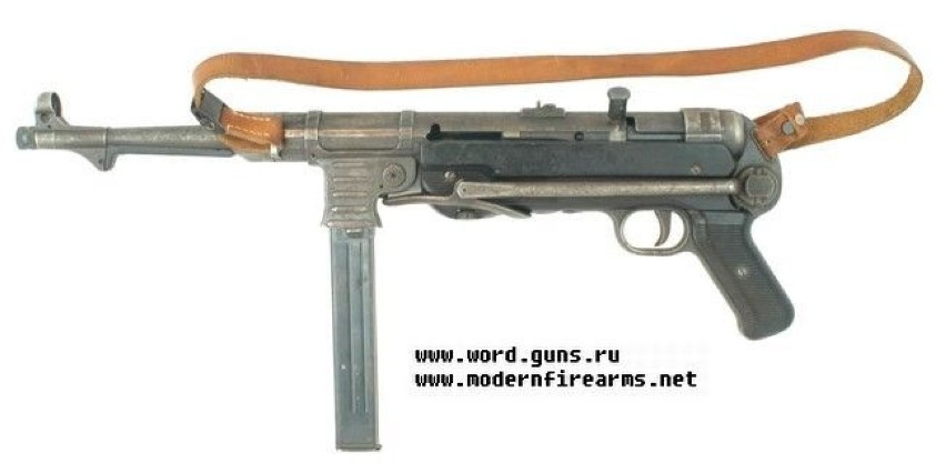 MP40 "Schmeisser" ze złożoną kolbą.