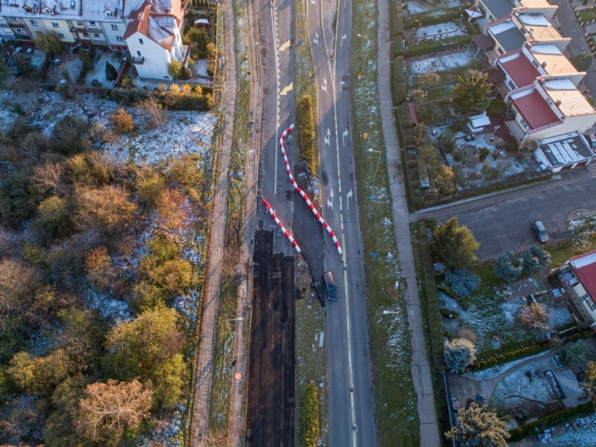 Lotnicze zdjęcia pokazujące remont ulicy Sikorskiego