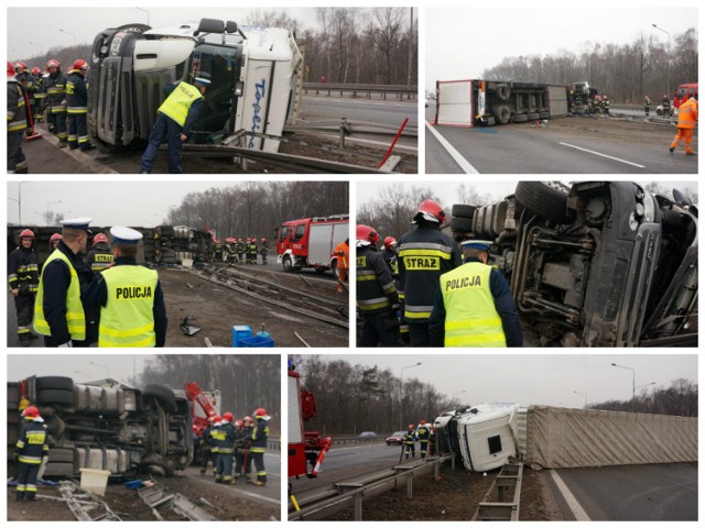 Do groźnie wyglądającego wypadku doszło w środę, około 11.00 na 333 kilometrze autostrady A 4 w kierunku Krakowa. 

Ze wstępnych informacji wynika, że kierowca ciężarowej scanii stracił panowanie na pojazdem w wyniku rozerwania przedniej opony. Auto przewróciło się na bok, staranowało bariery rozdzielające jezdnie, przejechało na przeciwny pas i uderzyło w inny samochód ciężarowy.  Na szczęście skończyło się niegroźnym urazem nogi kierowcy ciężarowej scanii.