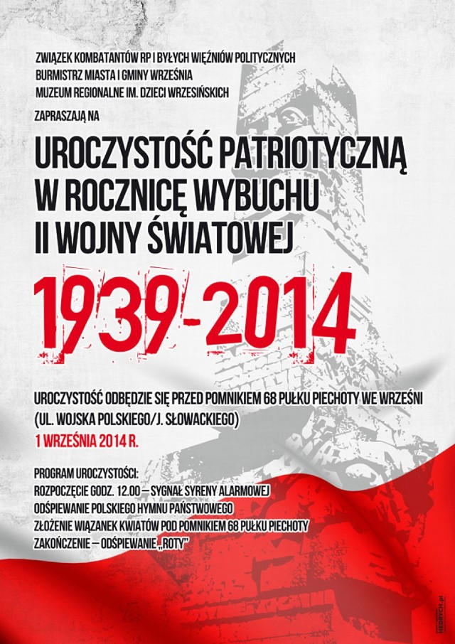 Uroczystość patriotyczna w rocznicę wybuchu II Wojny Światowej odbędzie się 1 września o godz. 12.00 pod pomnikiem 68. Pułku Piechoty przy ul. Słowackiego.