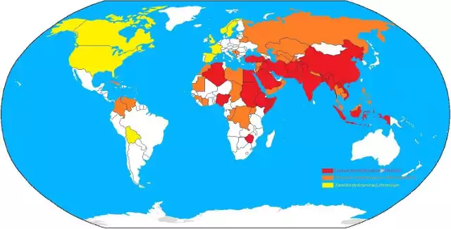 Mapa pokazują kraje, gdzie represjonowani są chrześcijanie: kolor czerwony - krwawe prześladowania chrześcijan, pomarańczowy - represje i dyskryminacja w sferze publicznej, żółty - zjawiska dyskryminacji chrześcijan