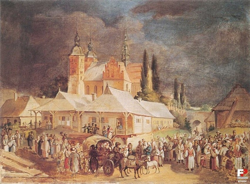 1845 , Targ na rynku w Opatowie. W tle kolegiata św. Marcina...