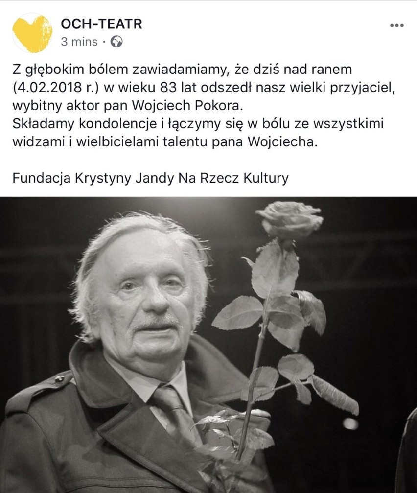 O śmierci Wojciecha Pokory poinformował Och Teatr, na...