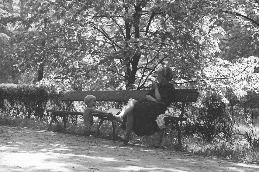 Kobieta siedzi na ławce w parku i odpoczywa, obok stoik mały...