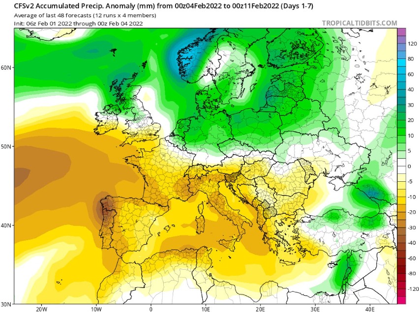 Anomalia rozkładu opadów atmosferycznych od 4 lutego do 11...