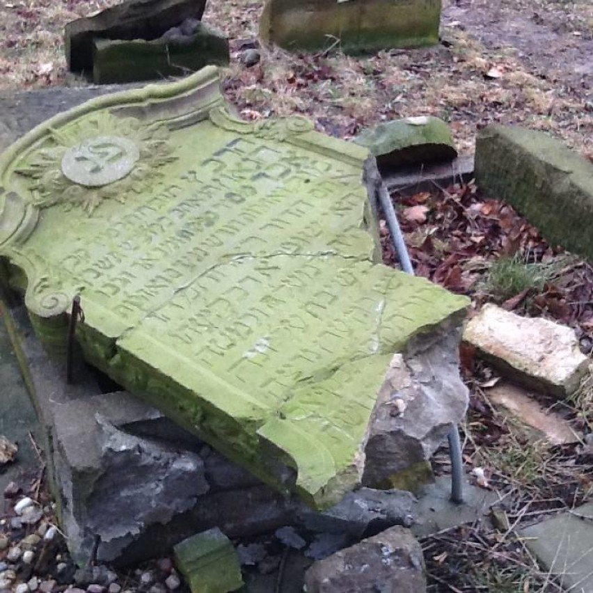Zniszczone macewy na cmentarzu żydowskim w Gdańsku