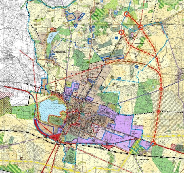 Plan obwodnicy Pniew. Północno–wschodnia część obwodnicy miasta łączyć będzie drogę krajową 92 z drogą wojewódzką nr 187