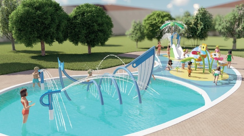 Koncepcja wodnego placu zabaw, który powstanie przy kompleksie basenów