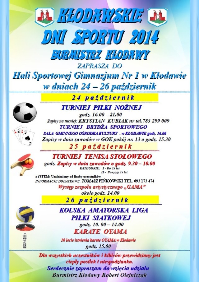 W najbliższy weekend Hala Sportowa Gimnazjum nr 1 w Kłodawie (i nie tylko) będzie tętniła życiem jak nigdy. W dniach 24-26 października odbędą się Kłodawskie Dni Sportu 2014.

Więcej: Kłodawskie Dni Sportu 2014 [PROGRAM]