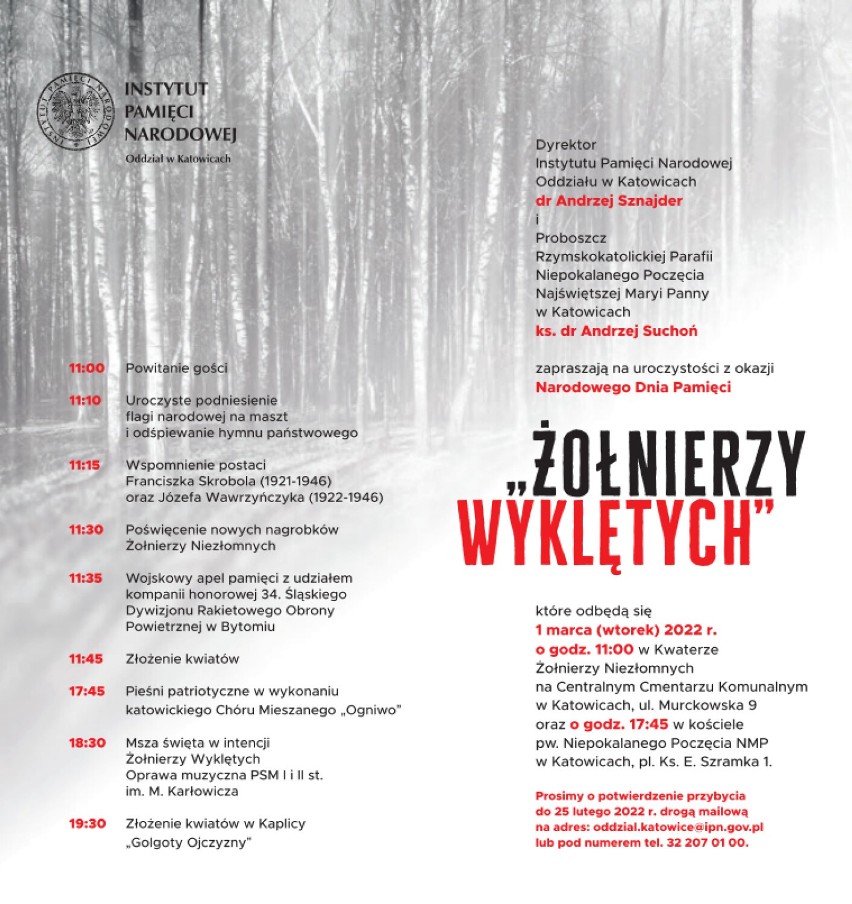 Program obchodów Narodowego Dnia Pamięci Żołnierzy Wyklętych. Organizatorem jest Instytut Pamięci Narodowej Oddział w Katowicach