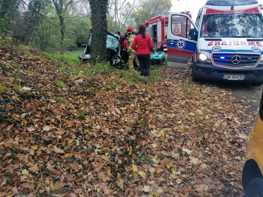 Groźny wypadek pod Wrocławiem. Kierowca z impetem uderzył w drzewo (ZDJĘCIA) 