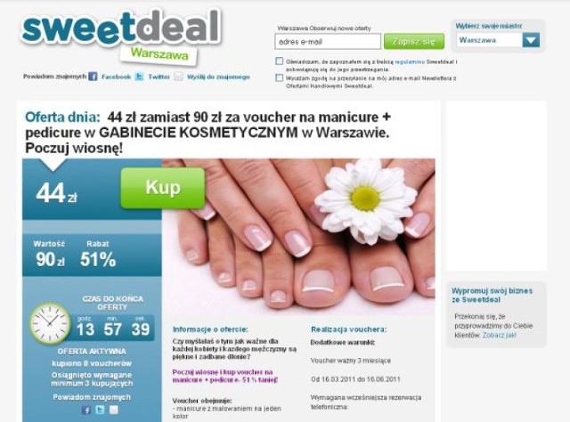 SweetDeal w Warszawie: 44 zł zamiast 90 zł za voucher na manicure i pedicure