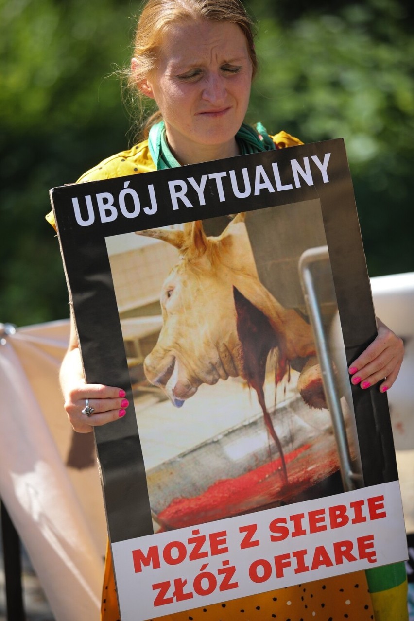 Na ul.  Szerokiej pojawili się protestujący przeciwko ubojowi rytualnemu zwierząt