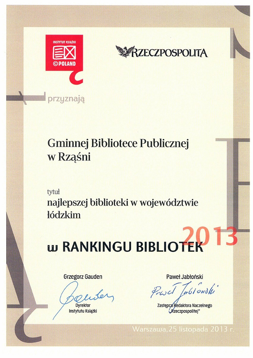 Biblioteka w Rząśni bardzo wysoko w ogólnopolskim rankingu
